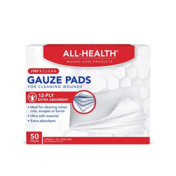 All Health Gauze Pads, 50 Pads, 3 X 3 for Cleaning or Covering Wounds as Wound Dressing, Helps