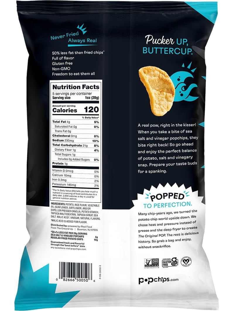 Popchips Potato Chips, Sea Salt & Vinegar, 4Ct 5.0Oz Share Bags, Low-Calorie, Gluten Free, Healthy Snacks For Adults And Children, Non-Gmo, Vegan & Kosher Friendly, 130 Calories Per Serving