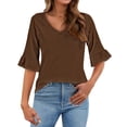 thumbnail image 2 of Brown Women's Long Sleeve T-shirt, 3/4 Length Sleeves Womens Tops Blouses For Women Casual Tops Trendy Shirts Spring Clothes 2025,Women's Long sleeve T-shirt XXL, 2 of 3