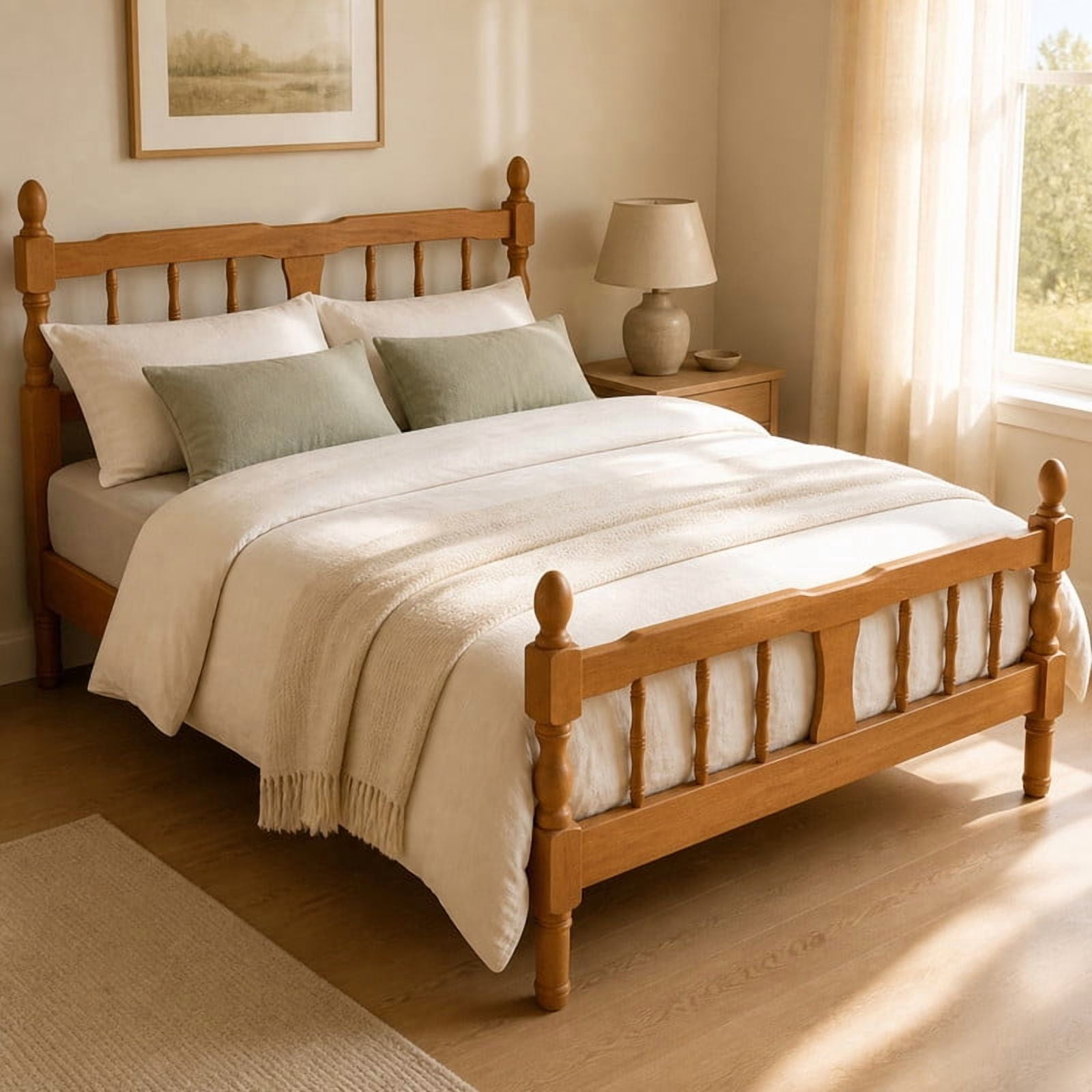 Euroco Wood Full Size Platform Bed Frame, Classic Farmhouse Bed Frame with Spindle Headboard, Walnut