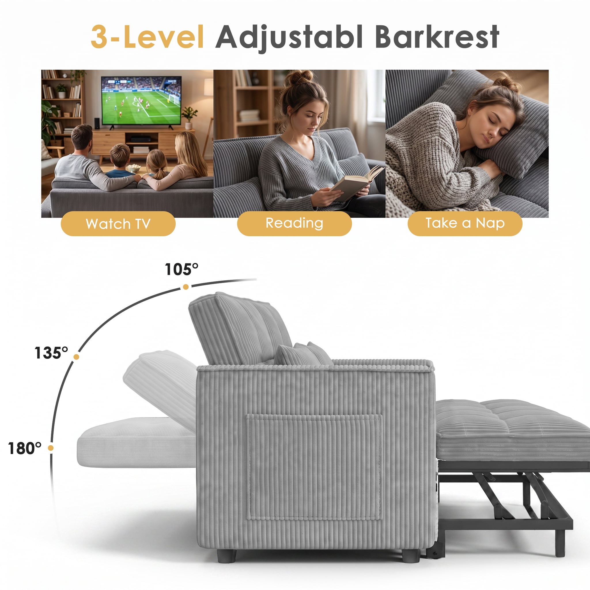 ShiKeyi 54" Corduroy Convertible Sofa Bed, 3 in 1 Pull Out Sleeper Sofa, Loveseat Couch with Storage Pocket, Light Gray