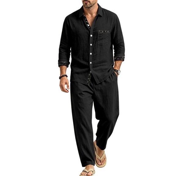 Delconic Mens Linen Blend Two Piece Outfit Loose Fit Long Sleeve Button Front Shirt and Straight Leg Pants Casual Set Black L