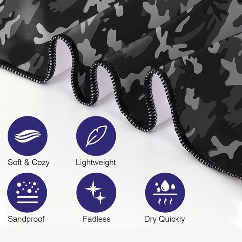 Camo Beach Towel Oversized 71x36IN Quick Dry Sand-Free, Black and Grey Camouflage Bath Towels for Travel
