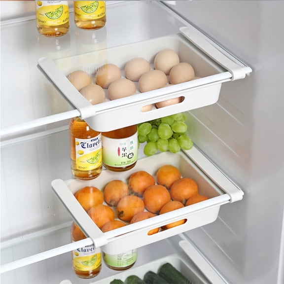 Genreen Refrigerator Drawer Organizer – Pull Out Fridge Storage Bin for Eggs, Fruit & Vegetables – Under Shelf Hanging Rack with Drainage Holes – Space Saver Container (White)