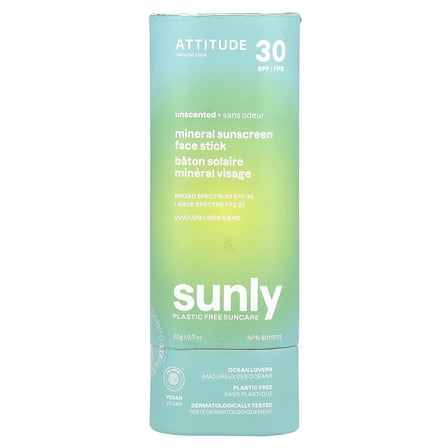 ATTITUDE Sunly, Mineral Sunscreen Face Stick, SPF 30, Unscented, 0.7 oz (20 g)