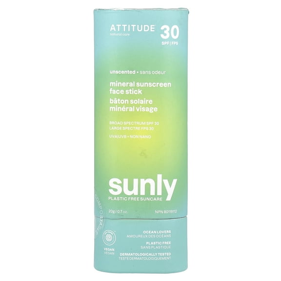 ATTITUDE Sunly, Mineral Sunscreen Face Stick, SPF 30, Unscented, 0.7 oz (20 g)