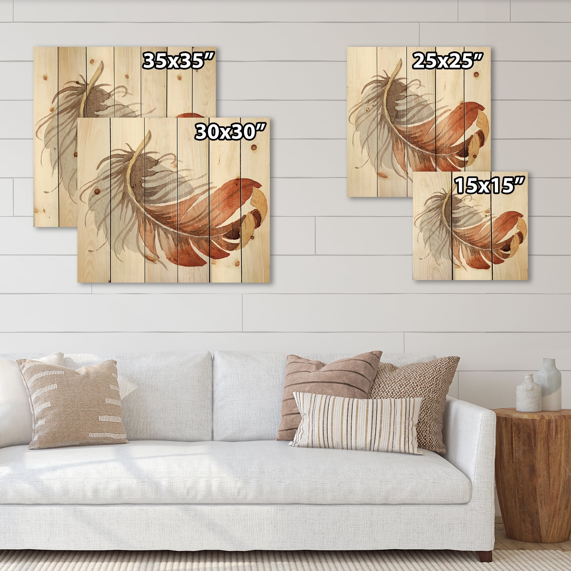 Designart 'Orange Ethnic Bird Feather On White' Bohemian & Eclectic Print on Natural Pine Wood