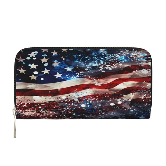 Leather Zipper Pocket Hand Wallet For Women And Men Travel Leather Purse Large Capacity Credit Card Holder American Flag Gradient Glitter Decorative
