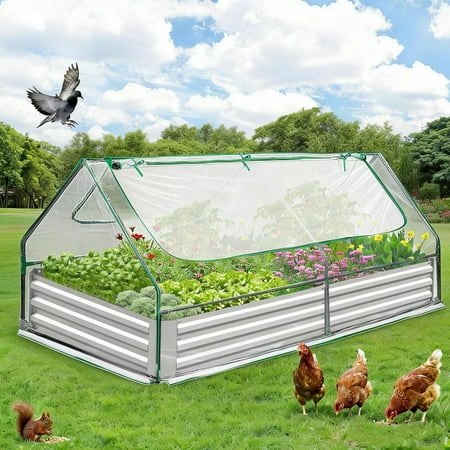 QinaQin 6x3x1 Ft Galvanized Raised Garden Bed with Cover Planter Box with Screen Windows Large Greenhouse Outdoor Raised Planter Bed for Gardening Silver