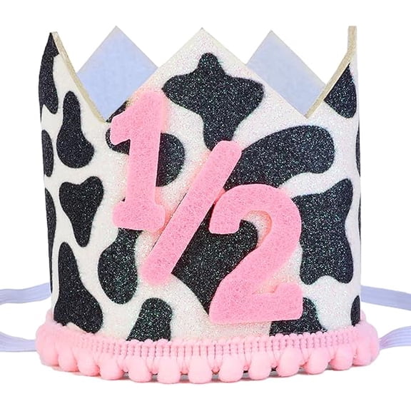 Half Birthday Glitter Hat - Cow Print 6-Month Birthday Crown, Western Farm Half Year Old Party Decorations Pink