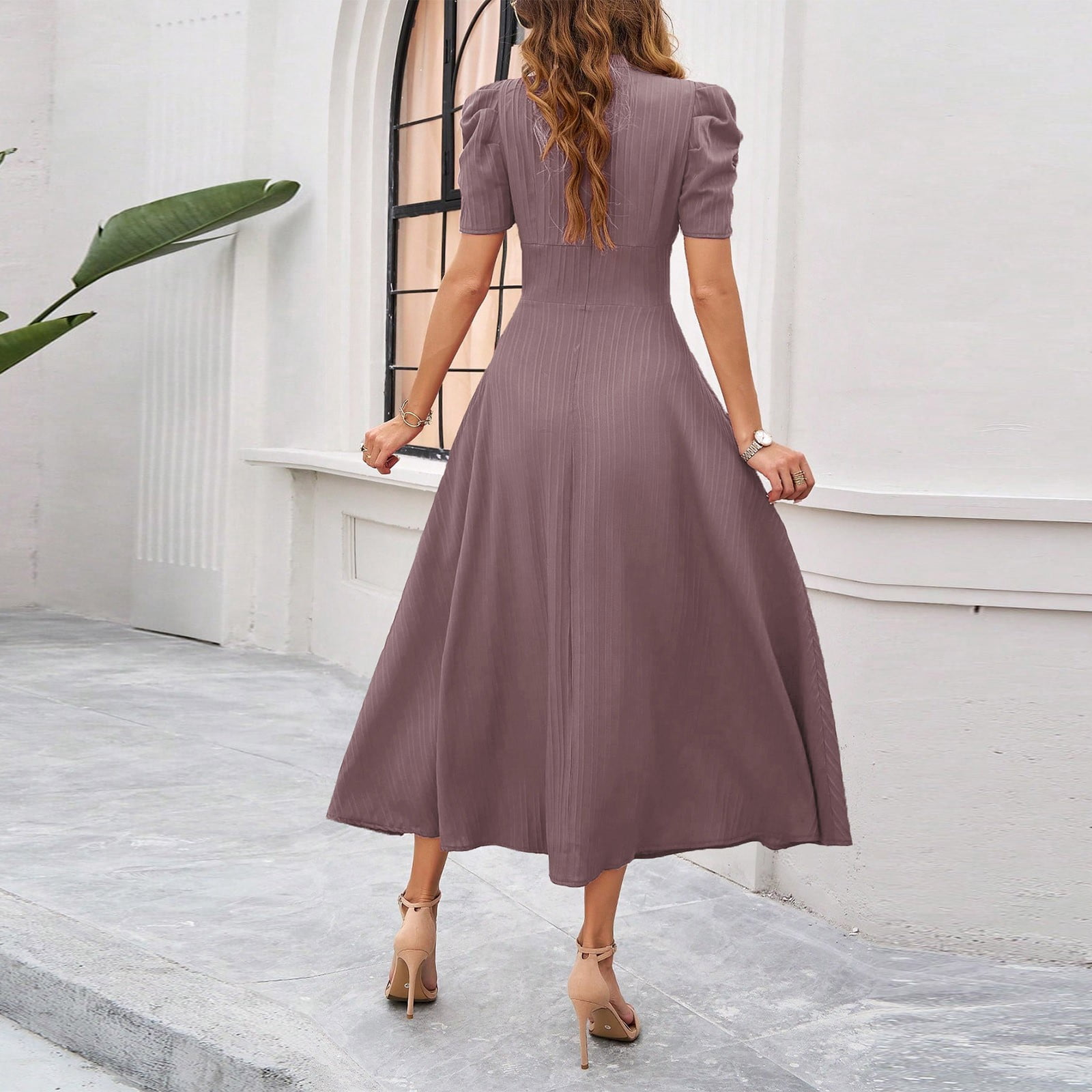 Women's Short Sleeve Dress High Waist V Neck Puff Sleeve Dresses Wedding Guest Formal Evening Party Maxi Dress Woman Dresses Casual Long Sleeve Dresses Casual for Women Petite Dresses for Women Summer