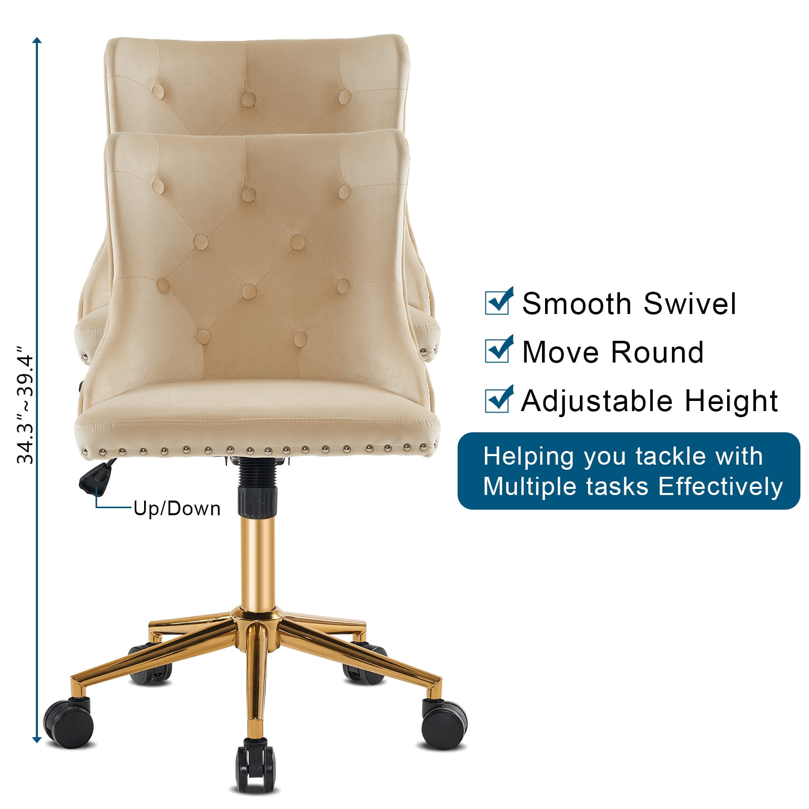 UBesGoo Armless Office Chair Flannel Computer Task Chair Adjustable Swivel Vanity Chair with Ergonomic Backrests and Wheels for Conference and Home Beige & Gold