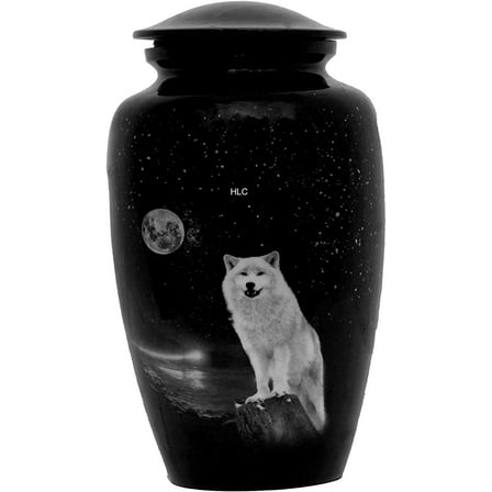 RUZIOON White Wolf Night Full Moon Cremation Urn for Human Ashes - Adult Funeral Urn Handcrafted - Affordable Urn for Ashes (Adult (200 lbs)  10.5 x 6, White Wolf Night Full Moon Cremation Urn)