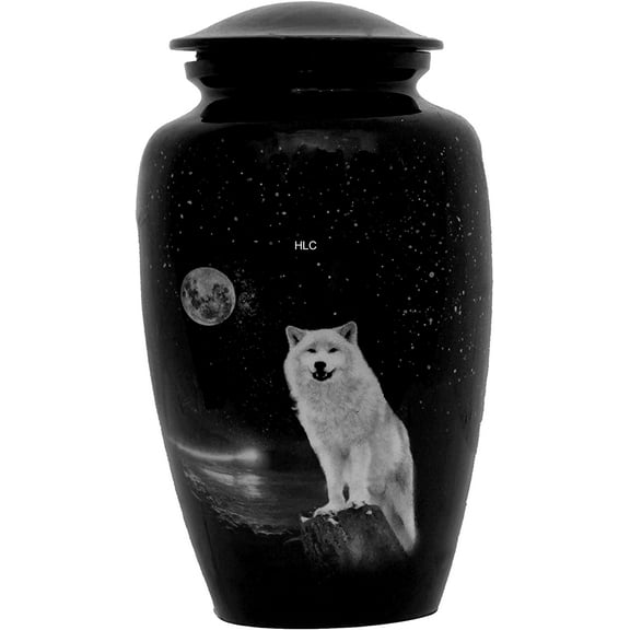RUZIOON White Wolf Night Full Moon Cremation Urn for Human Ashes - Adult Funeral Urn Handcrafted - Affordable Urn for Ashes (Adult (200 lbs)  10.5 x 6, White Wolf Night Full Moon Cremation Urn)