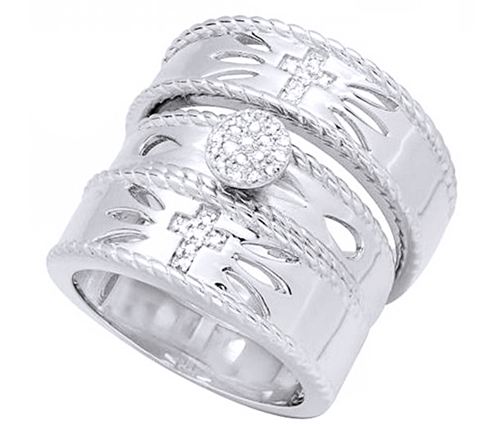 AFFY White Natural Diamond Engagement & Wedding Cross Band Trio Ring Set In 14k White Gold Over Sterling Silver (0.2 Cttw)