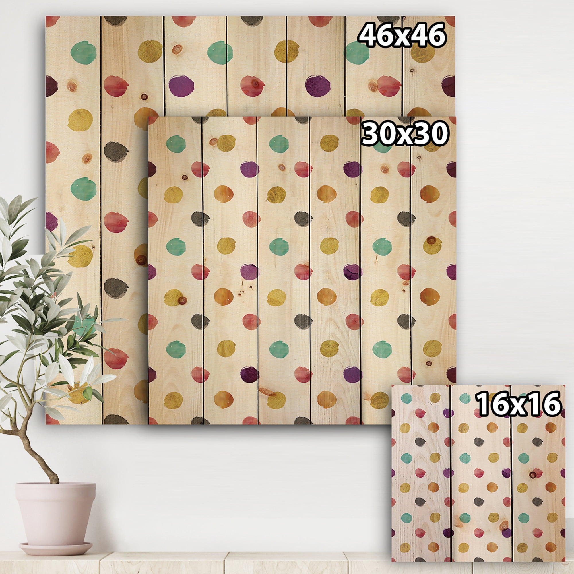 Designart 'Orange Blue and Purple Polka Dot Pattern' Transitional Print on Natural Pine Wood