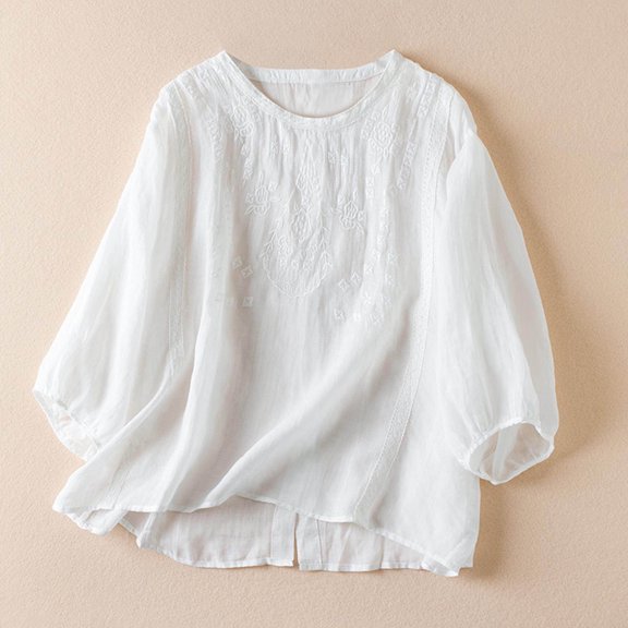 Njoeus Womens Tops Tops for Women Trendy Tops for Women Linen Shirts for Women, Women's Casual Short Sleeve Round Neck Tops Summer Loose Tee Shirts Blouse Womens Blouses On Clearance