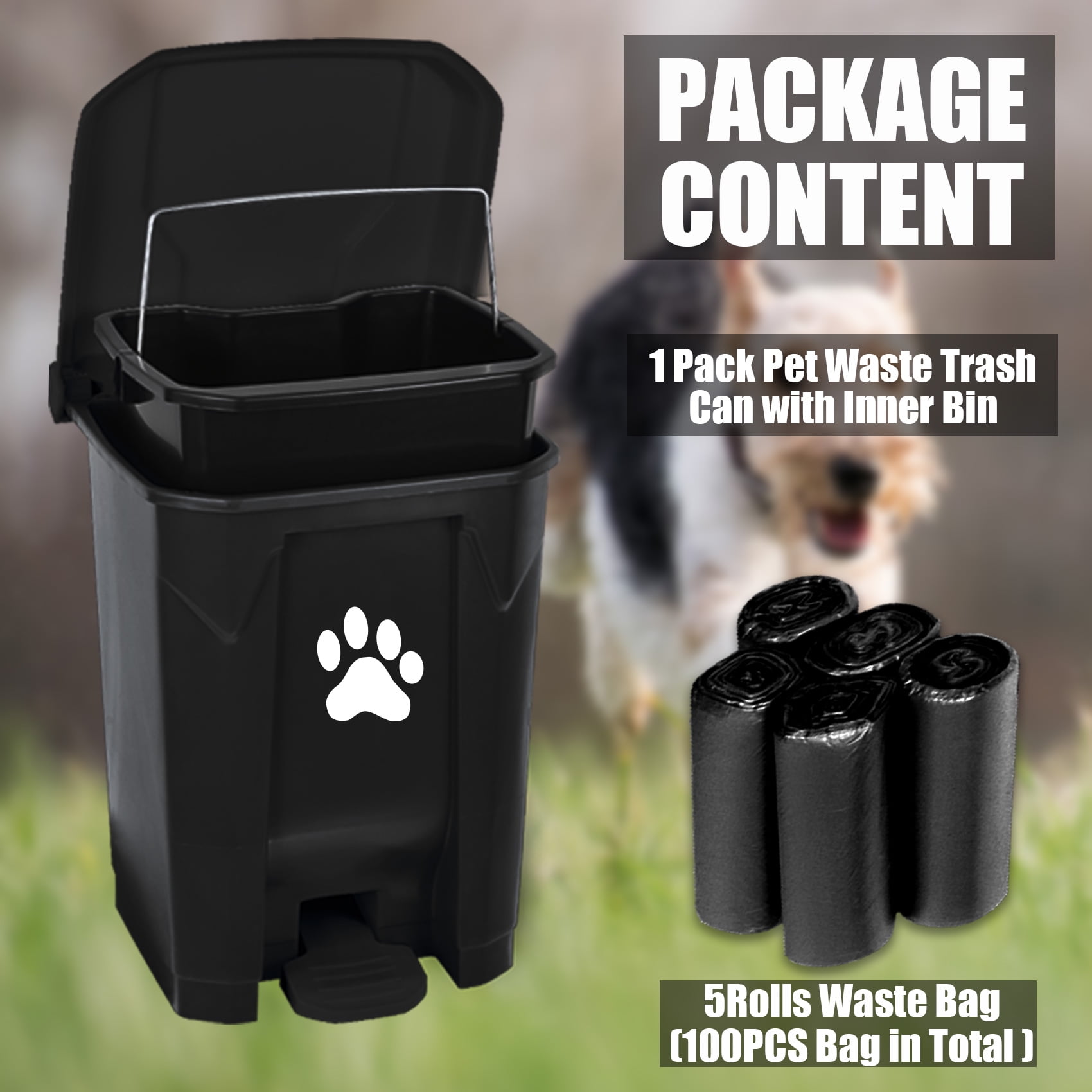 Dog Poop Trash Can Outdoors Pet Waste Station with Lid:15L Dog Waste Disposal Container with Removable Inner Bin Bucket Hands-Free Pedal Garden Yard Home with 5Rolls Waste Bags
