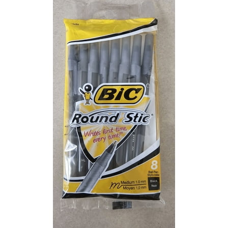 Bic Round Stic Black Medium Ball Pens, Set of 8