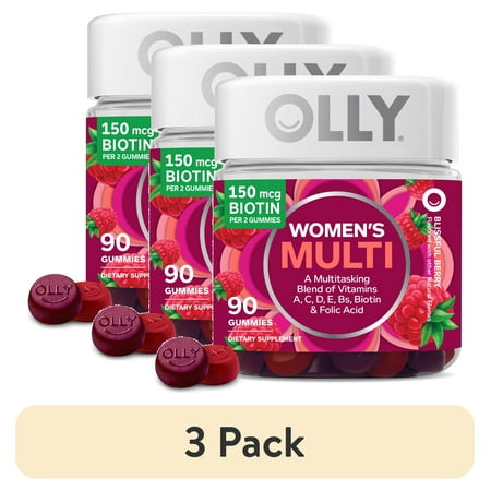 (3 pack) OLLY Women's Multivitamin Gummy, Vitamin A, D, C, E, Biotin, Folic Acid, Berry Flavor, 90 Ct