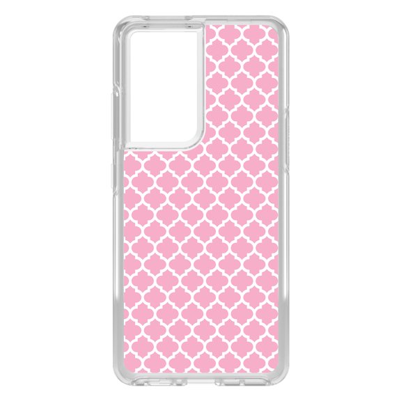 DistinctInk Clear Shockproof Hybrid Case for Galaxy S21 ULTRA 5G (6.8" Screen) - TPU Bumper, Acrylic Back, Tempered Glass Screen Protector - Pink White Moroccan Lattice