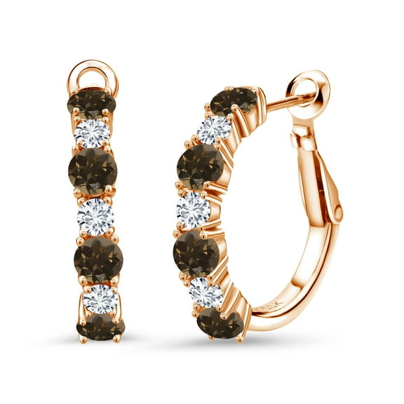 Gem Stone King 18K Rose Gold Plated Silver Brown Smoky Quartz and White Lab Grown Diamond Hoop Earrings for Women (2.68 Cttw, Gemstone Birthstone, Round 4MM and 3MM)