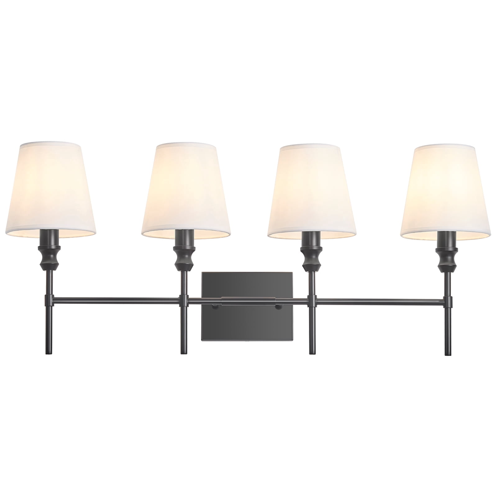 Black Bathroom Vanity Light 4 Light，32.3In Vintage Bathroom Light Fixtures Over Mirror,Hardwired Vanity Wall Sconce with Flared White Fabric Lampshade for Bedroom,Living Room,Foyer,E12 Base