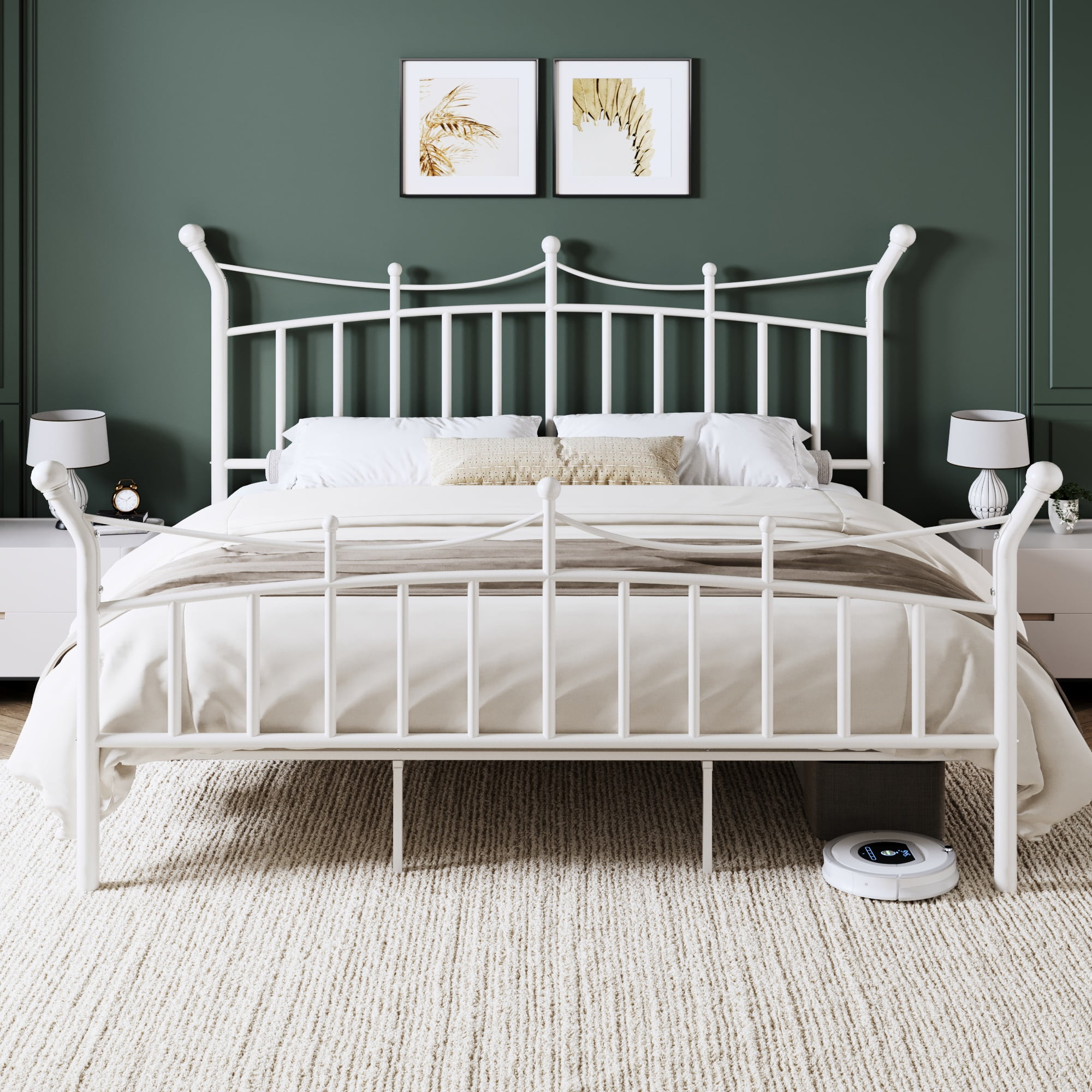 Allewie 14 Inches King Size Metal Platform Bed Frame with Elegant Crown Headboard & Footboard, Sturdy Mattress Foundation with Under-Bed Storage, Easy Assembly, No Box Spring Needed, White