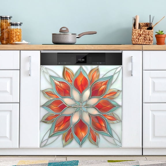 Dishwasher Magnet Cover Magnetic Fridge Door Cover Home Kitchen Decor Abstract Red Floral Stained Glass 23"x 26"