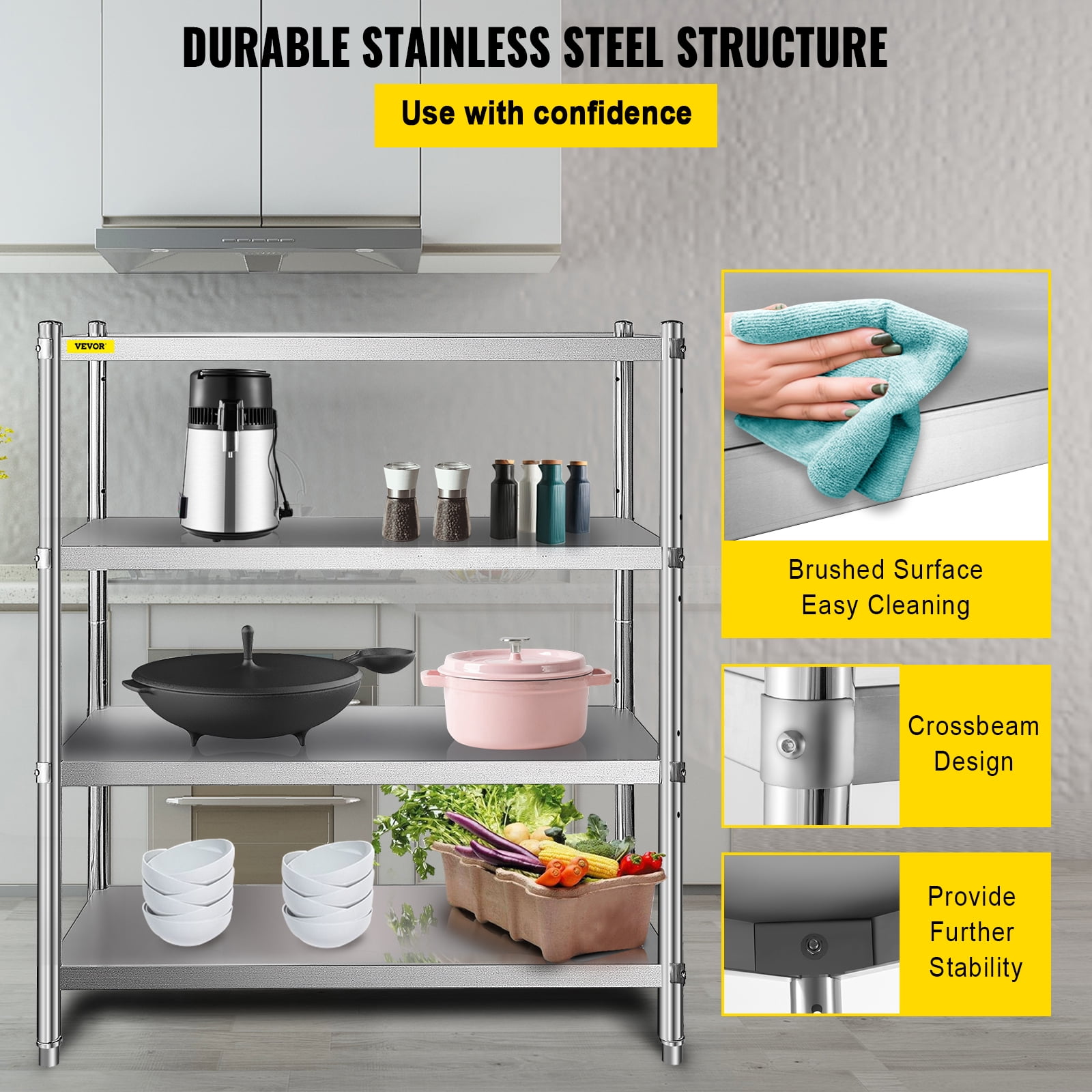 VEVOR Stainless Steel Shelving 46.8x18.5 inch 4 Tier Adjustable Heavy Duty Shelf Storage Unit