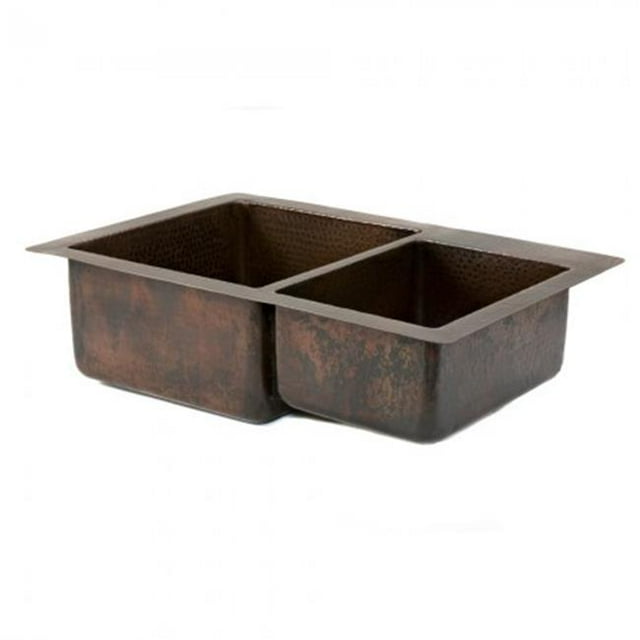 Premier Copper Products K60DB33229 33 in. Copper Hammered Kitchen 60-40 Double Basin Sink