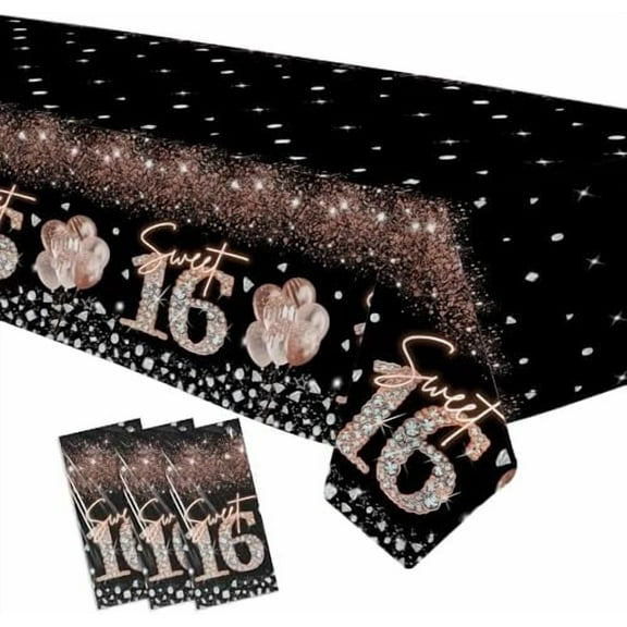 Sweet 16 Birthday Tablecloth Decorations for Girls, 3pcs Disposable Black and Rose Gold Happy 16th Birthday Party Supplies Table Cover, 86in x 55in$$Electronics Accessories