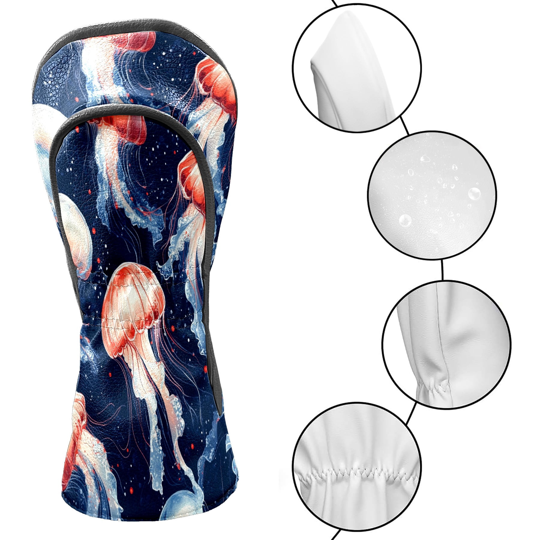 Golf Club Covers PU Leather Waterproof Head Covers for Fairway Woods Hybrids Red Jellyfish