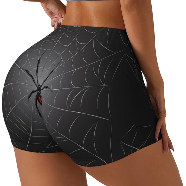 Fotbe Black Spider On Web Shorts Sin Costuras – Shorts Deportivos de Cintura Alta para Mujer, Elásticos para Gimnasio, Yoga, Running o Ciclismo-Large