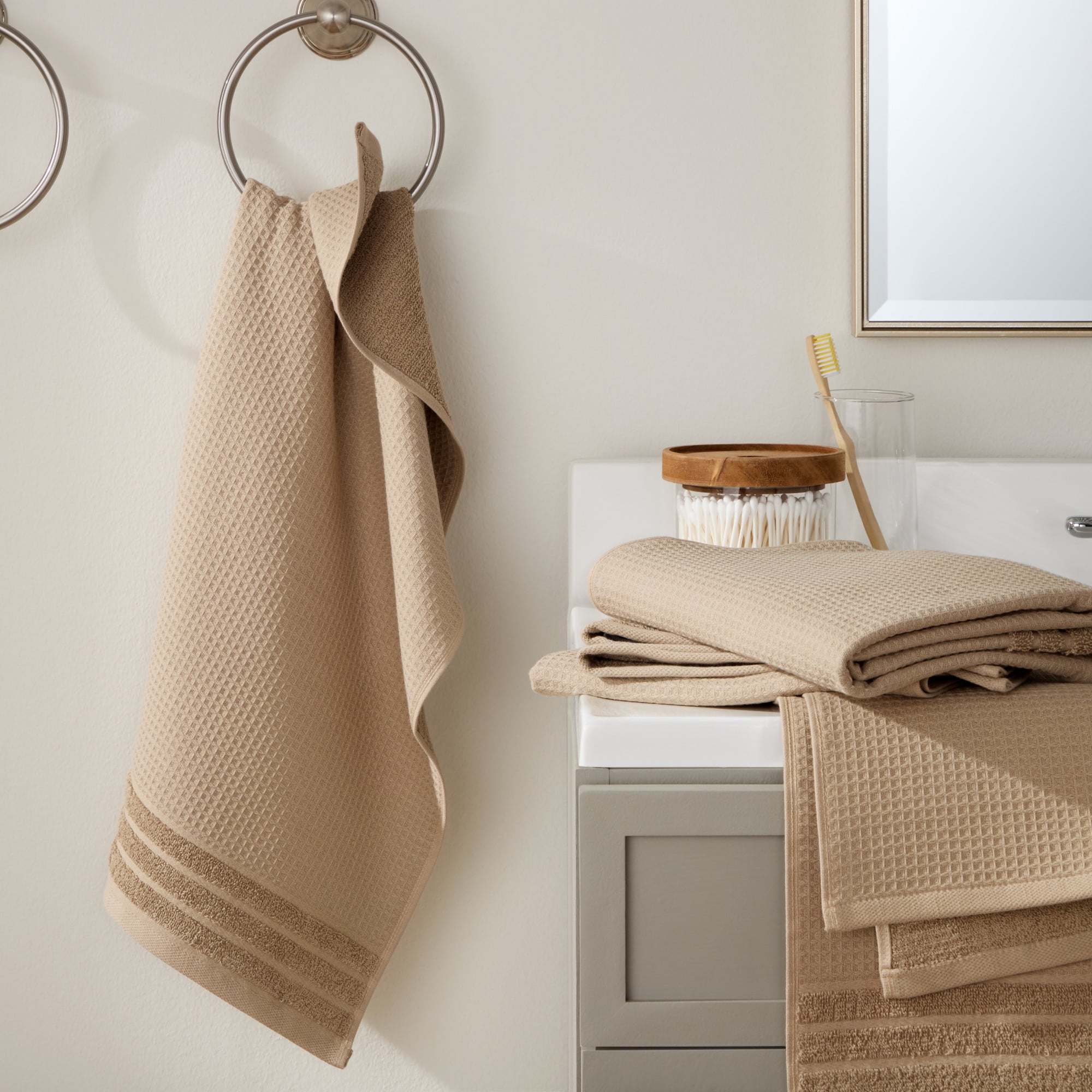 TOWN & COUNTRY BASICS 4-Piece Waffle Woven Terry Stripe Hand Towel Set, 20"x30", 100% Cotton, Quick Dry, Taupe