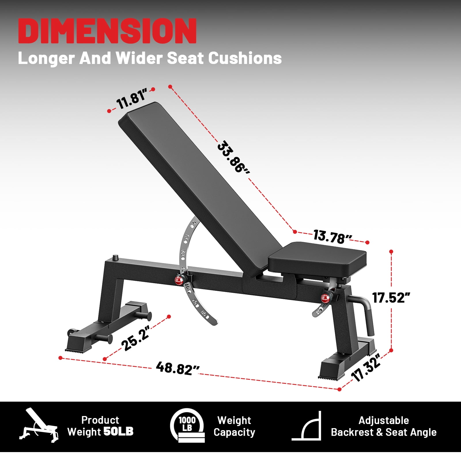 ROALW Heavy-Duty Adjustable Weight Bench for Curls & Full-Body Workout, Two-Way Angle Adjust, Extended Easy-Clean Backrest, Built-In Wheels for Home Gym