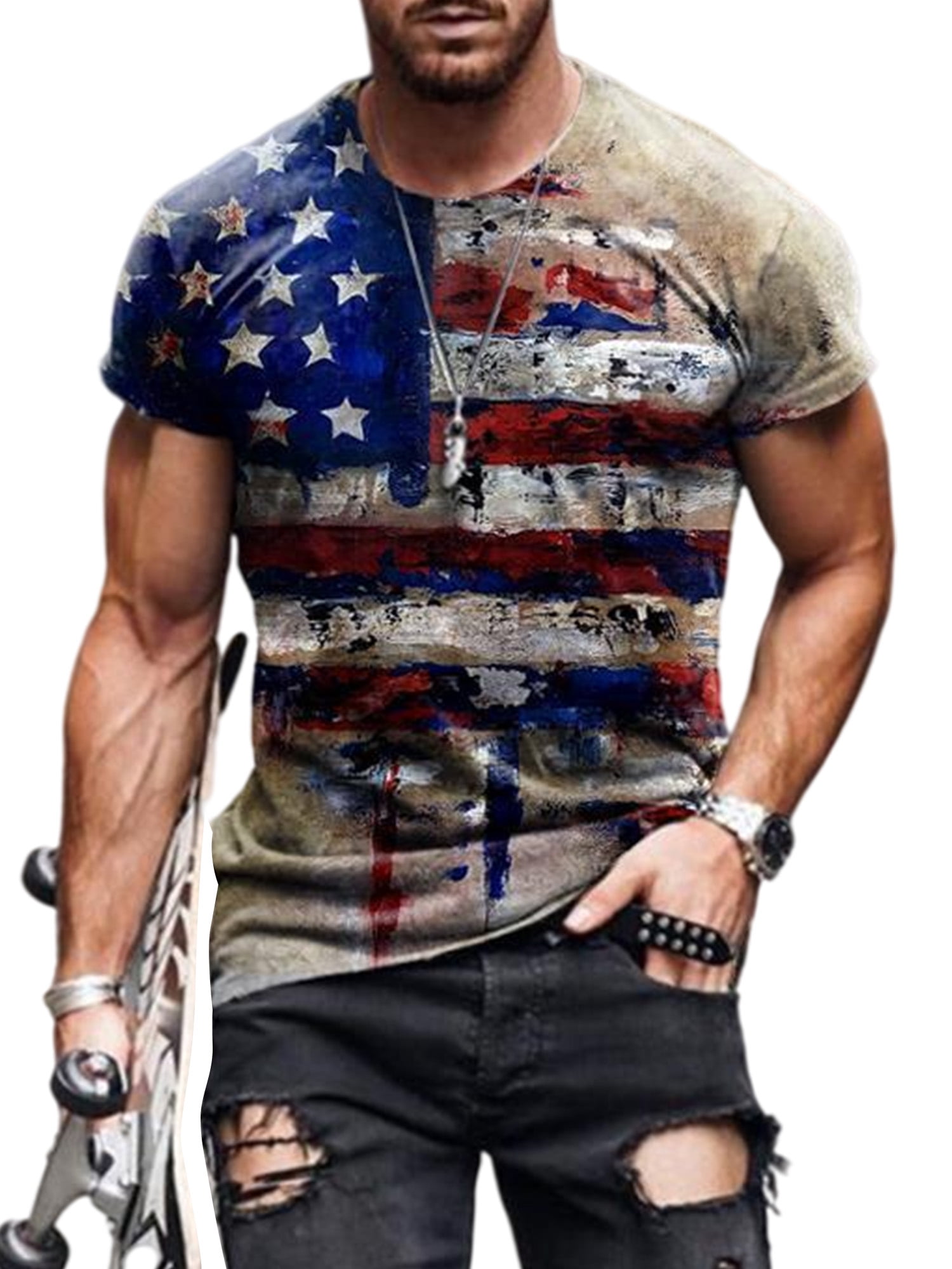 Men's American Flag T-Shirt Patriotic Tee O Neck Short Sleeve 4Th of July Top Street Fashion Abstract Workout Muscle T Shirts 