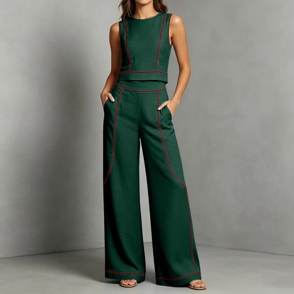 Womens 2 Piece Color Blocked Suits Sleeveless Crew Neck Tops Wide Leg High Waist Trousers Summer Comfy Fashion Set Green XXXL