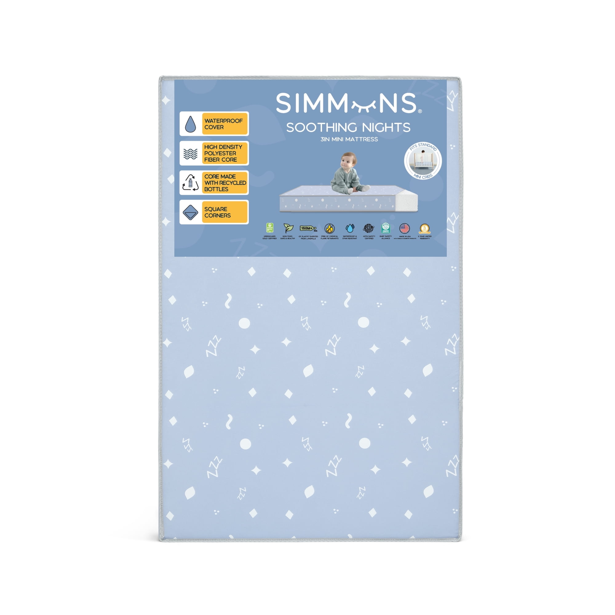 Simmons Kids Soothing Nights 3-inch Mini/Portable Crib Mattress - Sustainably Sourced Fiber Core - Waterproof - GREENGUARD Gold Certified - 5 Year Warranty | Does Not Contain Toxic Fire Retardants