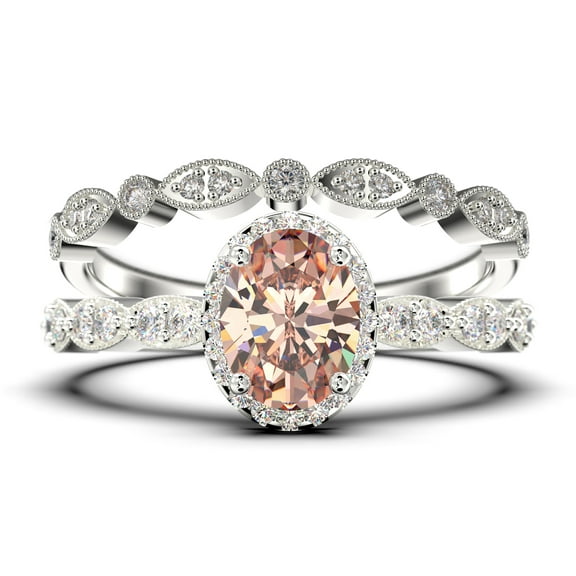 Art Deco 2.25 Carat Oval Cut Morganite And Diamond Moissanite Classic Engagement Ring, Halo Wedding Ring in 925 Sterling Silver With 18k White Gold Plating Gift For Her, Bridal Set, Matching Band