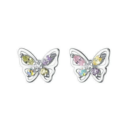 Cute Butterfly Tiny Stud Earrings Sterling Silver Colorful Crystal CZ Cartilage Studs Post for Women