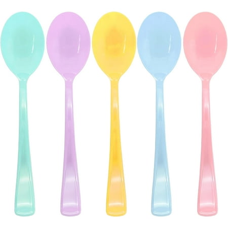 50 Pcs Pastel Plastic Spoon Heavy Duty 5 Macaron Colors Includes Pink, Blue, Yellow, Teal, Purple, Iridescent Silverware Pastel Disposable Silverware for Birthday, Garden Party, Baby Shower