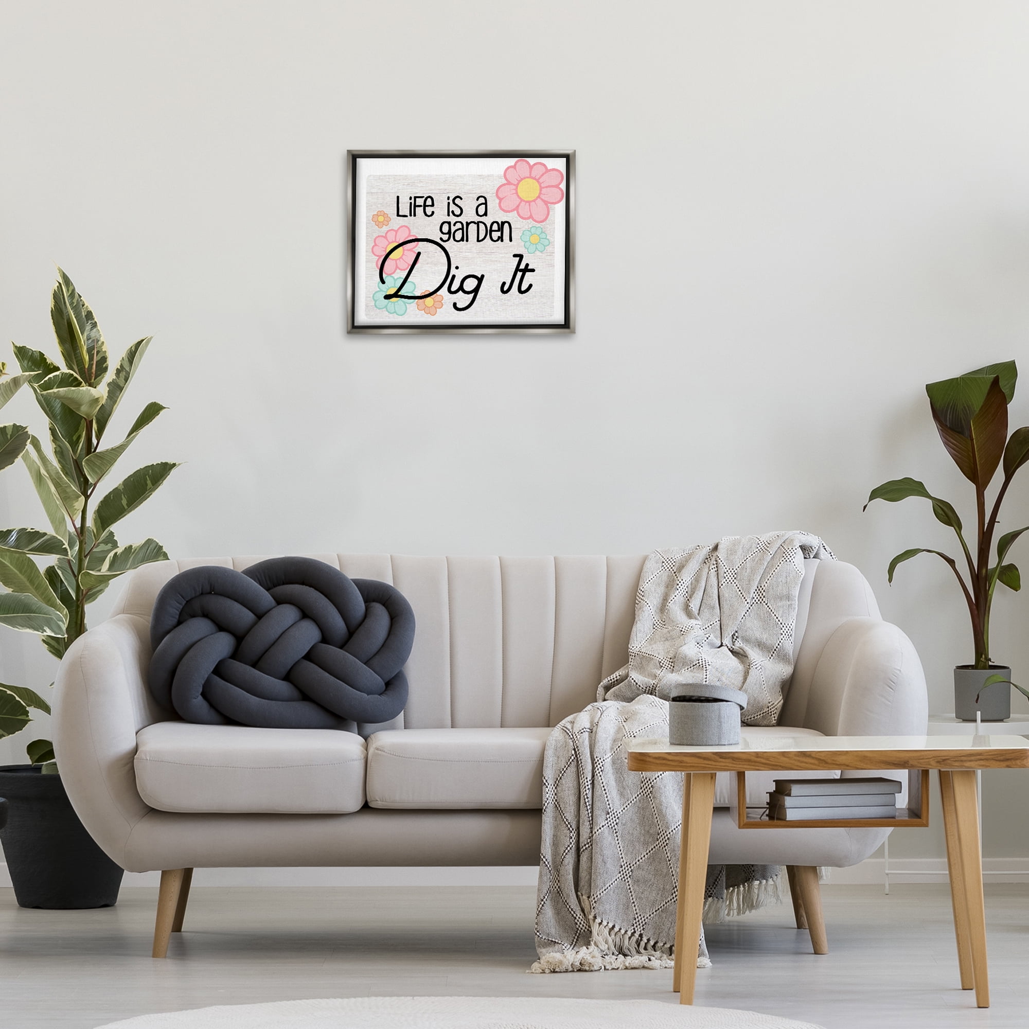 Stupell Industries Life's A Garden Phrase Plants & Flowers Painting Gray Floater Framed Canvas Art Print Wall Art, 21 x 17