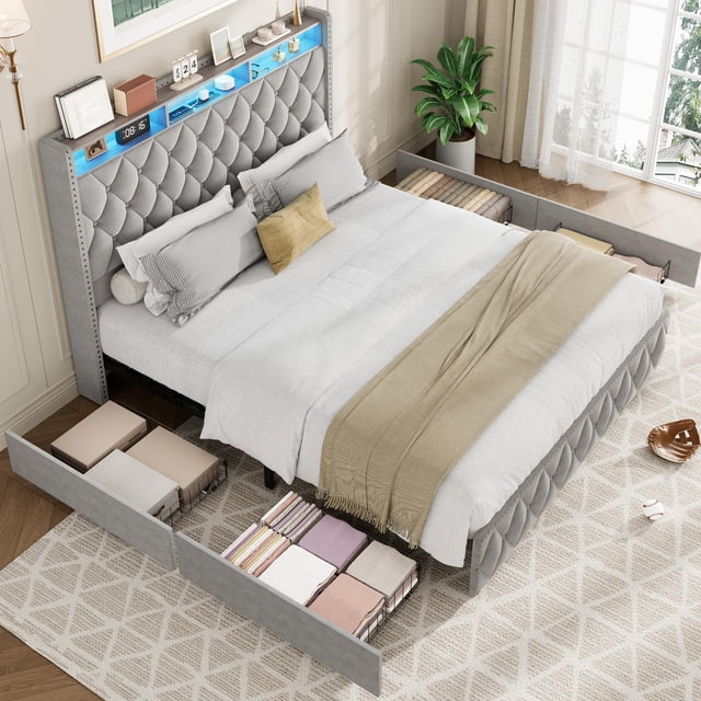 GloryStar Queen Platform Bed, Velvet Upholstered Frame with Storage Drawers, USB Charging, LED Lights, Wooden Slats, No Box Spring Required, Easy Assembly