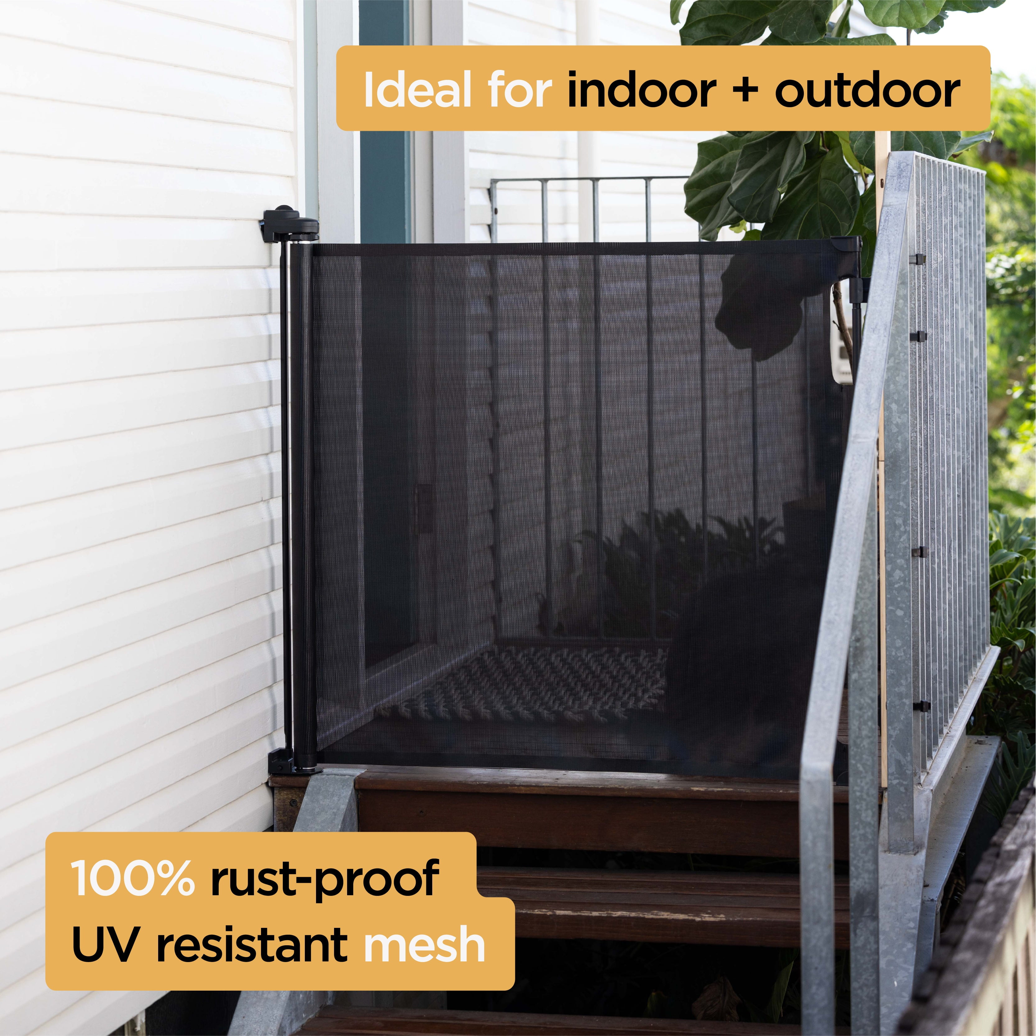 71" Wide White Paw Proof Retractable Gate, 3-Way-Locking Mechanism, Indoor/Outdoor Suitable