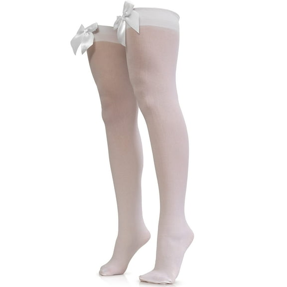 Skeleteen Bow Accent Thigh Highs - White Over the Knee High Stockings with White Satin Ribbon Bow Accent for Women and Girls