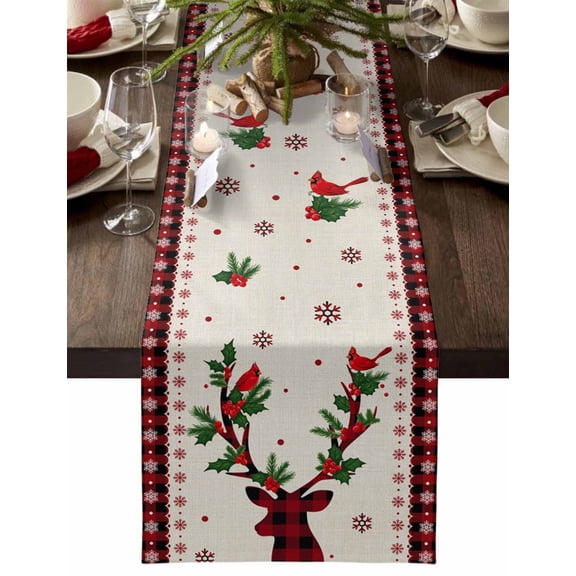 Christmas Table Runner Berry Reindeer Head Table Runners Elk Cardinal Bird Snowflake Linen Plaid Cotton Linen Dresser Scarf Kitchen Dining Table Decor for Christmas Holiday Party Decor 13x36 Inch