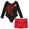 thumbnail image 5 of YONGHS Kids Girls Gymnastics Active Dancewear Long Sleeve Leotard Bodysuit with Shorts Set Red 6, 5 of 7