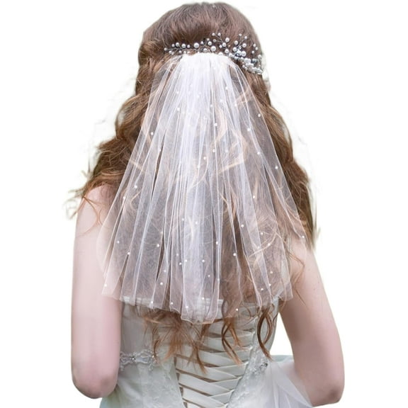 LinYooLi Short Bridal Veil, White Pearl Veil Wedding Veil with Comb Elegant Tulle Layer Veil Bachelorette Party Veil Headband Decorations Bridal accessories for Women and Brides