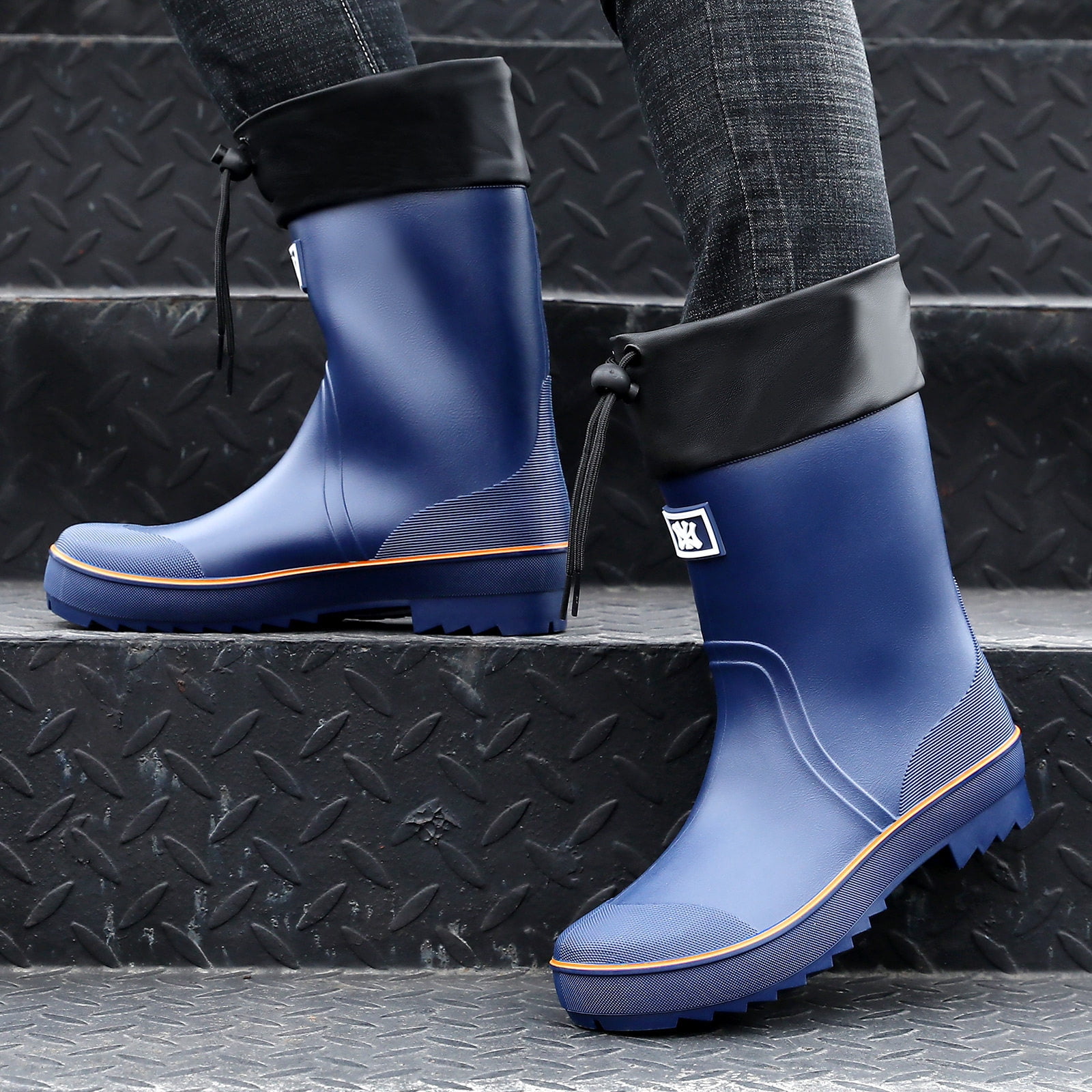 Lcamaw Rubber Rain Boots for Men, Waterproof Men’s Deck Boots with Adjustable Closure, Comfort Lightweight Work Mud Boots, Anti-Slip Mid-Calf Fishing Boots for Farming Gardening Hiking Outdoor